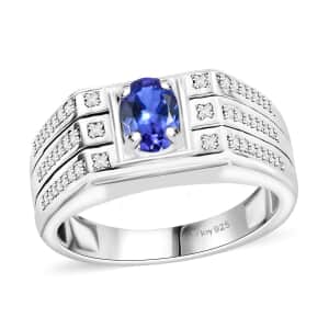 AAA Tanzanite and Moissanite 1.10 ctw Men's Ring in Rhodium Over Sterling Silver (Size 10.0)