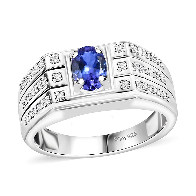 D'Joy AAA Tanzanite and Moissanite 1.10 ctw Men's Ring in Rhodium Over Sterling Silver (Size 10.0)