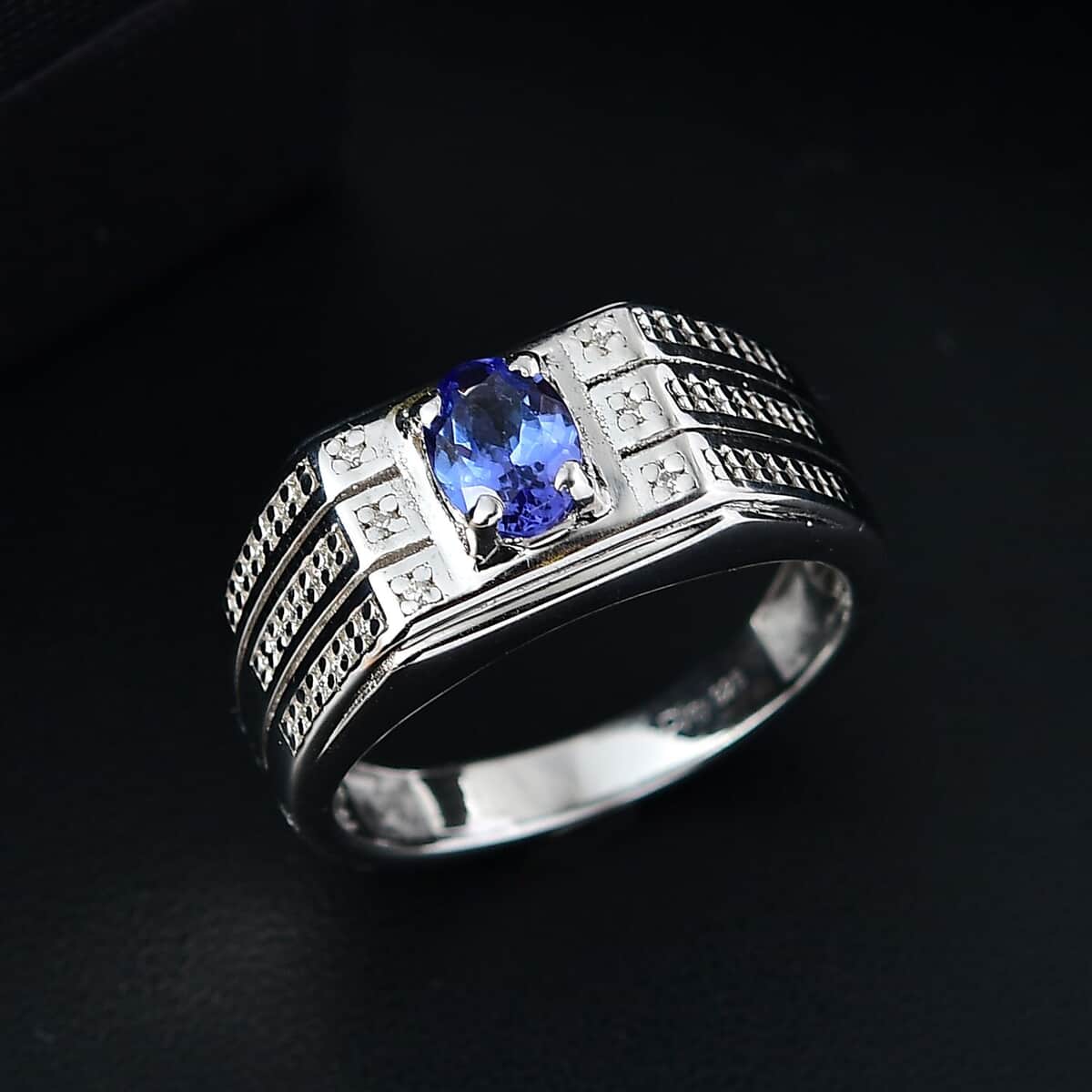 AAA Tanzanite and Moissanite 1.10 ctw Men's Ring in Rhodium Over Sterling Silver (Size 10.0) image number 1