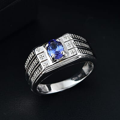 D'Joy AAA Tanzanite and Moissanite 1.10 ctw Men's Ring in Rhodium Over Sterling Silver (Size 10.0)