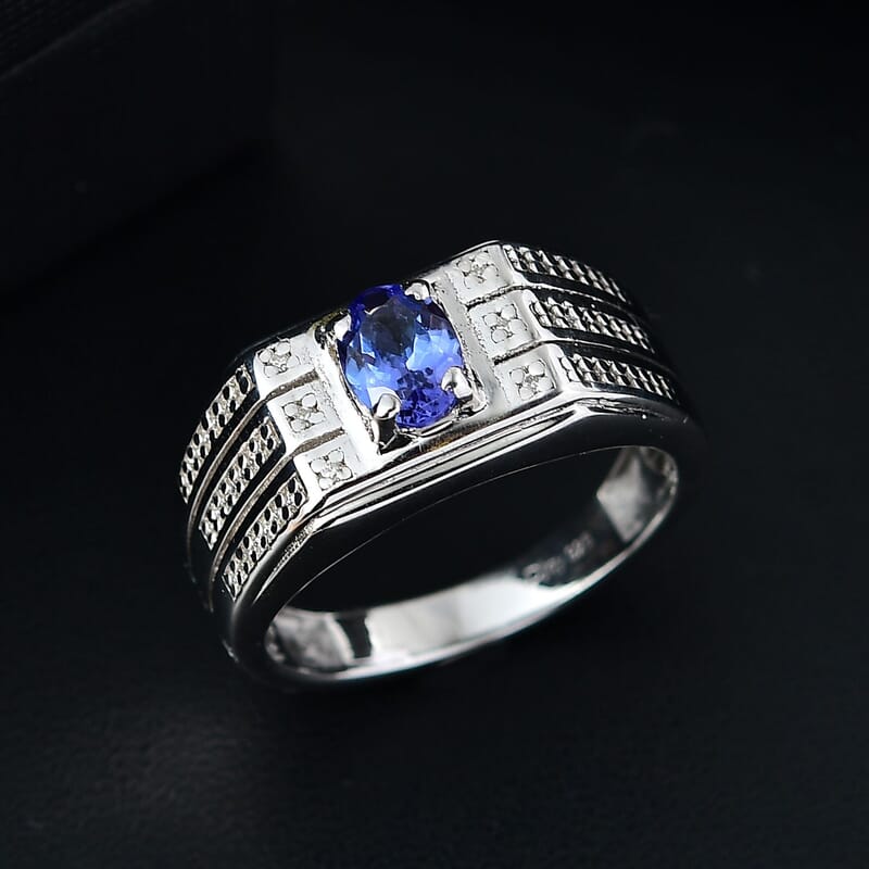 D'Joy AAA Tanzanite and Moissanite 1.10 ctw Men's Ring in Rhodium Over Sterling Silver (Size 10.0)