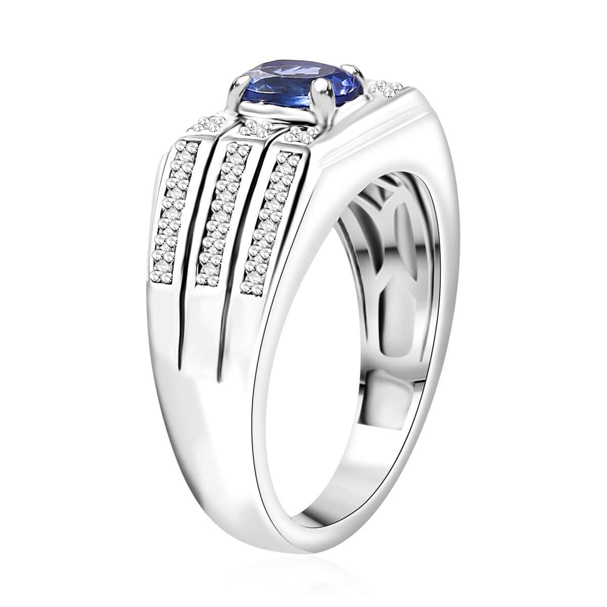 AAA Tanzanite and Moissanite 1.10 ctw Men's Ring in Rhodium Over Sterling Silver (Size 10.0) image number 3