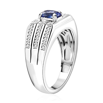 D'Joy AAA Tanzanite and Moissanite 1.10 ctw Men's Ring in Rhodium Over Sterling Silver (Size 10.0)