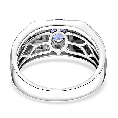 D'Joy AAA Tanzanite and Moissanite 1.10 ctw Men's Ring in Rhodium Over Sterling Silver (Size 10.0)