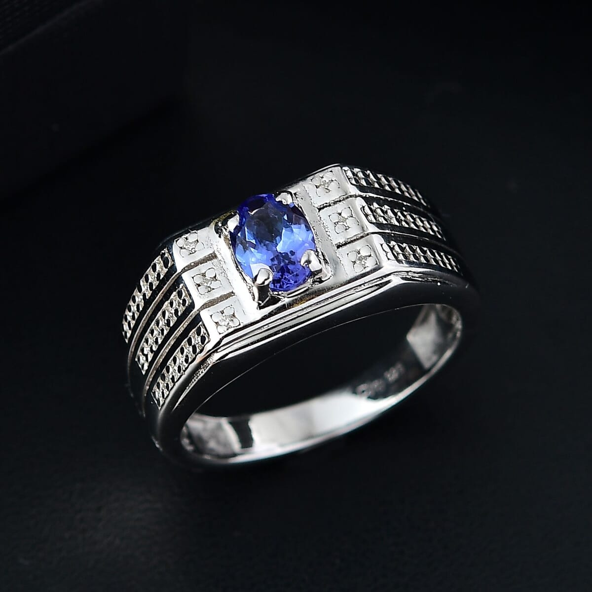 AAA Tanzanite and Moissanite 1.10 ctw Men's Ring in Rhodium Over Sterling Silver (Size 13.0) image number 1