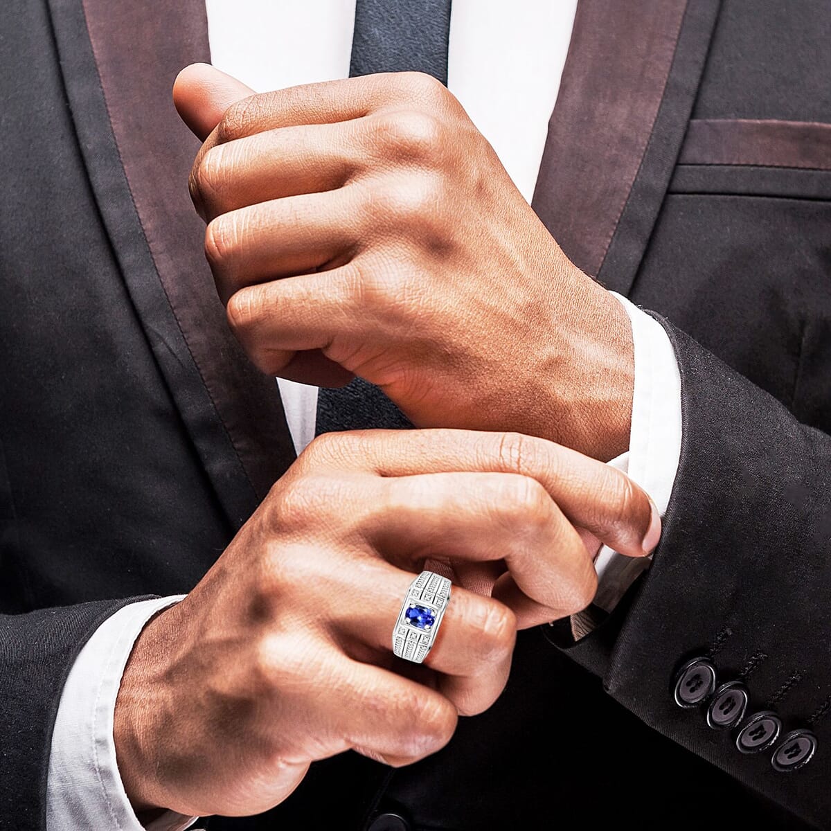 AAA Tanzanite and Moissanite 1.10 ctw Men's Ring in Rhodium Over Sterling Silver (Size 13.0) image number 2