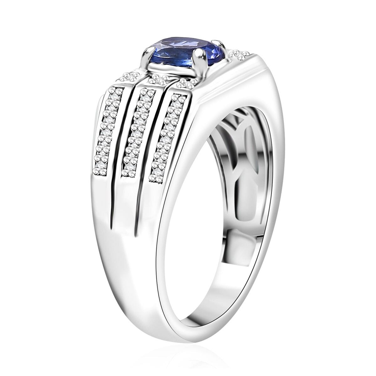 AAA Tanzanite and Moissanite 1.10 ctw Men's Ring in Rhodium Over Sterling Silver (Size 13.0) image number 3
