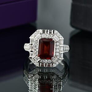D'Joy Ceylon Hessonite Garnet and Moissanite 4.15 ctw Art Deco Ring in Rhodium Over Sterling Silver (Size 10.0)