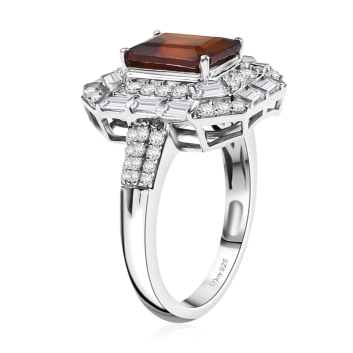D'Joy Ceylon Hessonite Garnet and Moissanite 4.15 ctw Art Deco Ring in Rhodium Over Sterling Silver (Size 10.0) image number 3