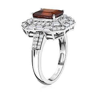 D'Joy Ceylon Hessonite Garnet and Moissanite 4.15 ctw Art Deco Ring in Rhodium Over Sterling Silver (Size 10.0)