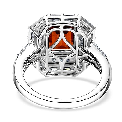 D'Joy Ceylon Hessonite Garnet and Moissanite 4.15 ctw Art Deco Ring in Rhodium Over Sterling Silver (Size 10.0)