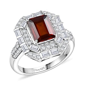 D'Joy Ceylon Hessonite Garnet and Moissanite 4.15 ctw Art Deco Ring in Rhodium Over Sterling Silver (Size 6.0)