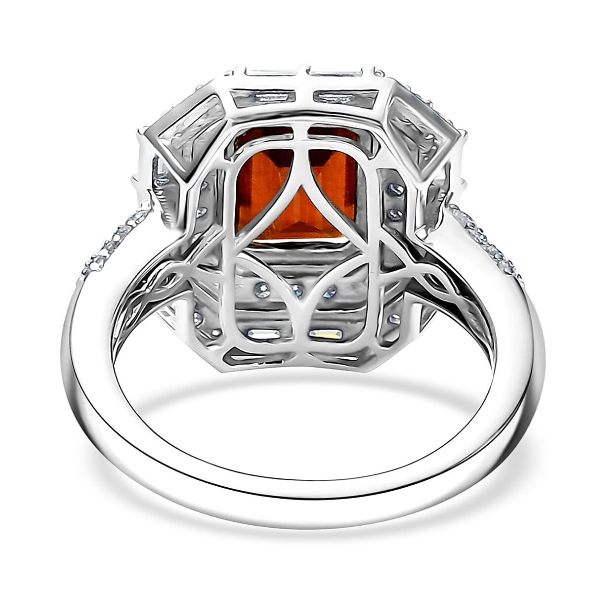 D'Joy Ceylon Hessonite Garnet and Moissanite 4.15 ctw Art Deco Ring in Rhodium Over Sterling Silver (Size 6.0) image number 4