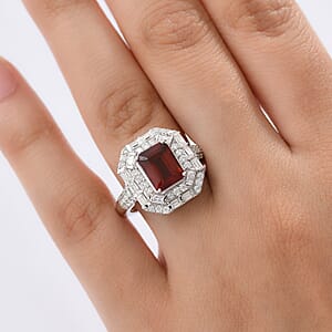 D'Joy Ceylon Hessonite Garnet and Moissanite 4.15 ctw Art Deco Ring in Rhodium Over Sterling Silver (Size 7.0)