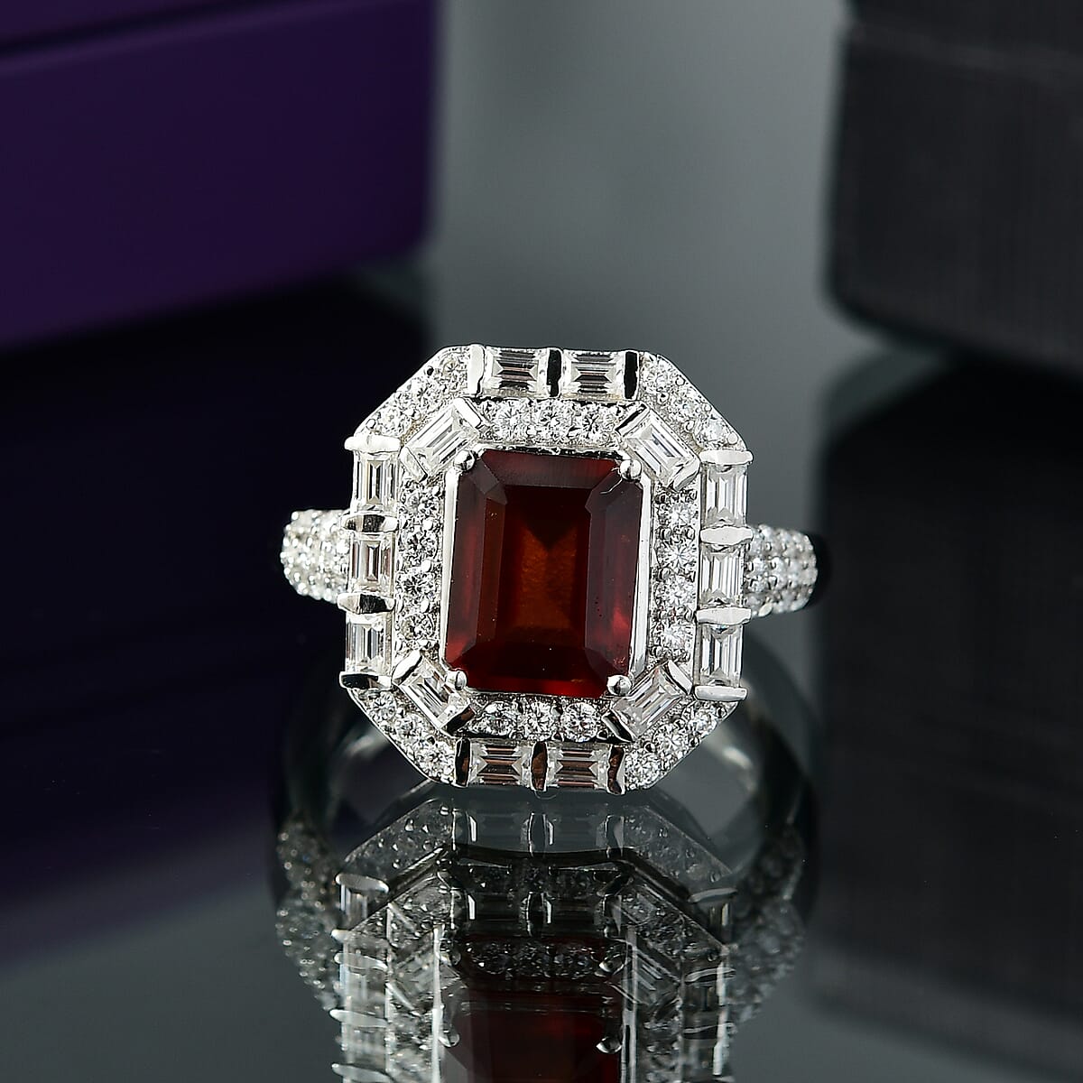 D'Joy Ceylon Hessonite Garnet and Moissanite 4.15 ctw Art Deco Ring in Rhodium Over Sterling Silver (Size 8.0) image number 1