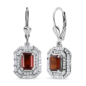 D'Joy Ceylon Hessonite Garnet and Moissanite 3.15 ctw Art Deco Earrings in Rhodium Over Sterling Silver