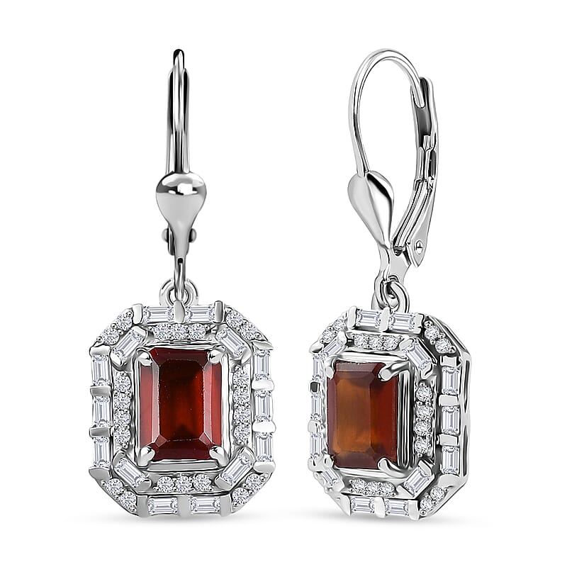 D'Joy Ceylon Hessonite Garnet and Moissanite 3.15 ctw Art Deco Earrings in Rhodium Over Sterling Silver