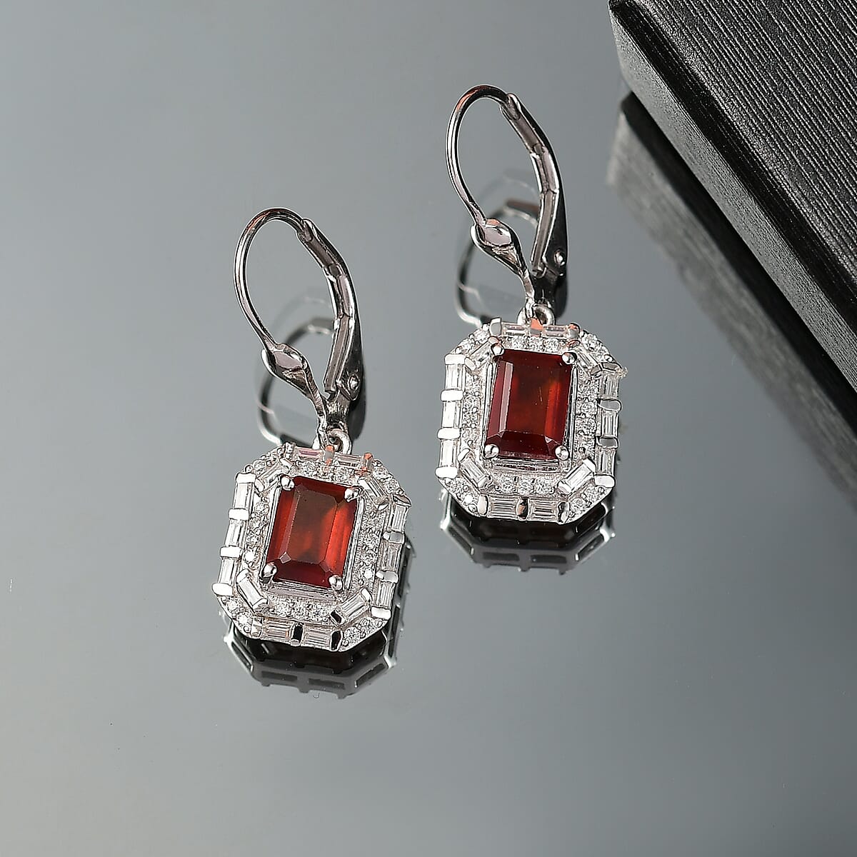 D'Joy Ceylon Hessonite Garnet and Moissanite 3.15 ctw Art Deco Earrings in Rhodium Over Sterling Silver image number 1