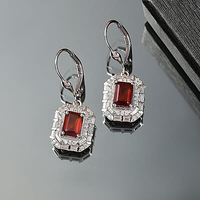 D'Joy Ceylon Hessonite Garnet and Moissanite 3.15 ctw Art Deco Earrings in Rhodium Over Sterling Silver