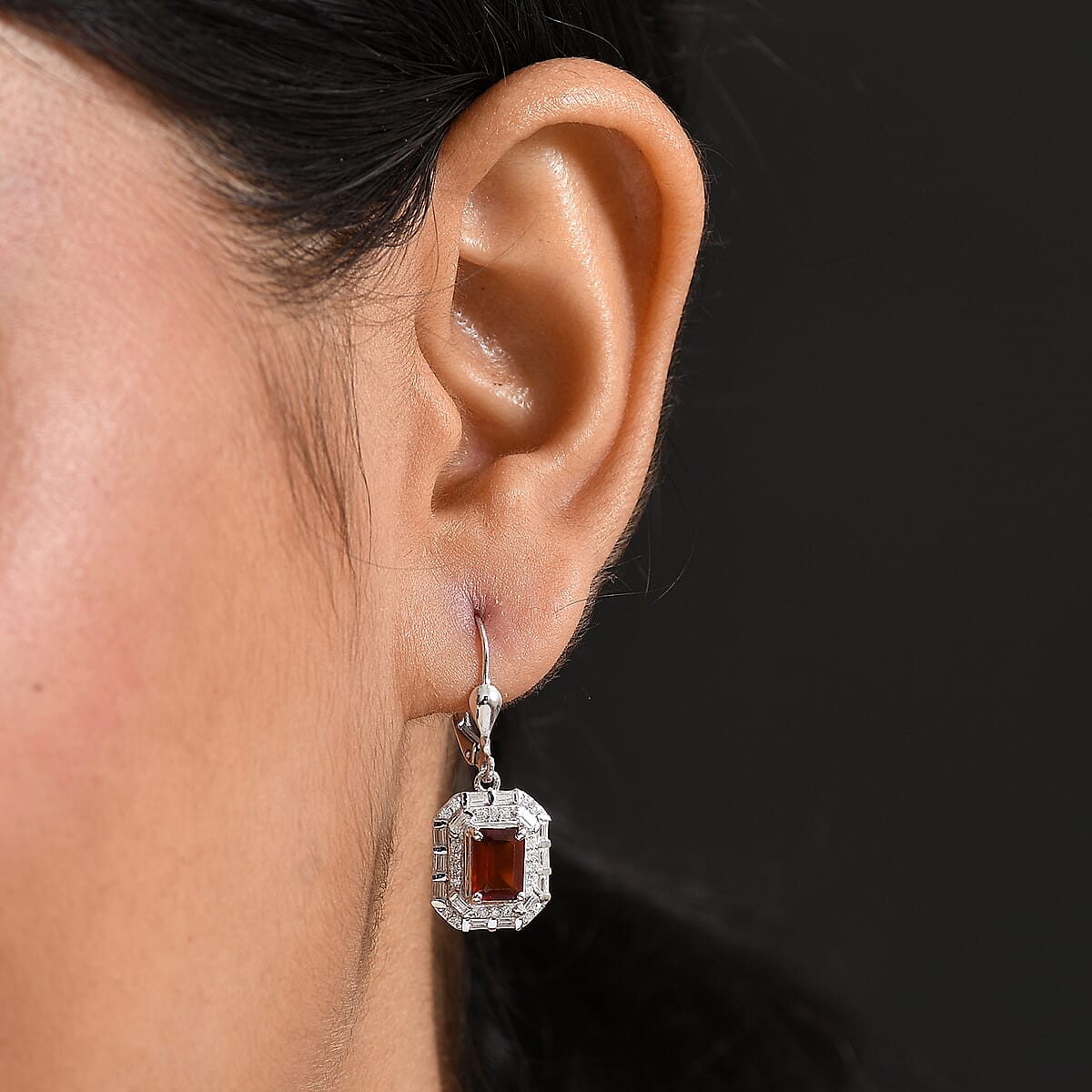 D'Joy Ceylon Hessonite Garnet and Moissanite 3.15 ctw Art Deco Earrings in Rhodium Over Sterling Silver image number 2