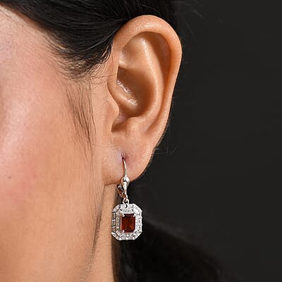 D'Joy Ceylon Hessonite Garnet and Moissanite 3.15 ctw Art Deco Earrings in Rhodium Over Sterling Silver