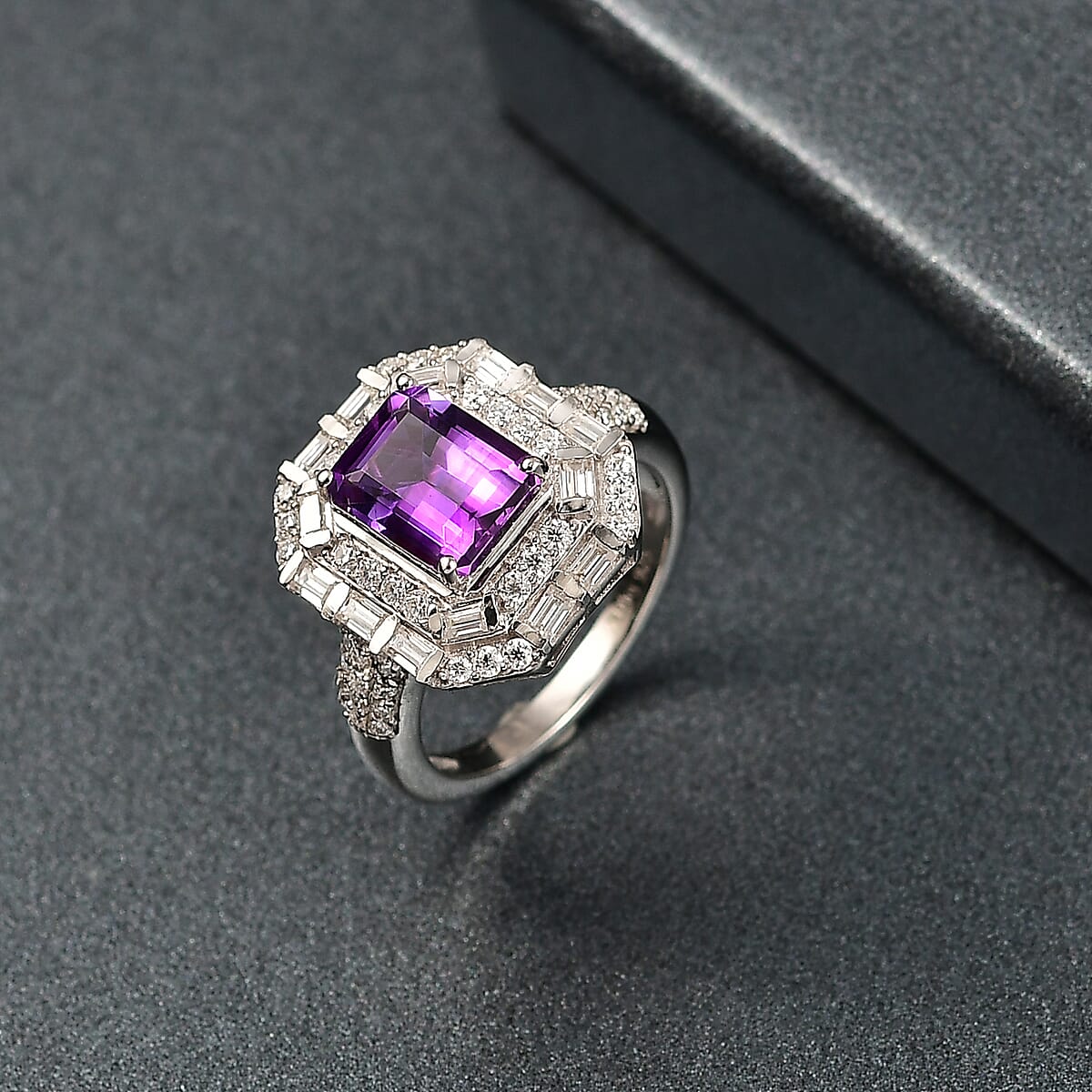 D'Joy Premium Moroccan Amethyst and Moissanite 3.50 ctw Art Deco Ring in Rhodium Over Sterling Silver (Size 10.0) image number 1