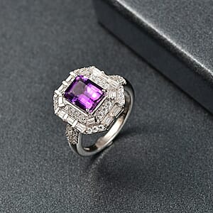 D'Joy Premium Moroccan Amethyst and Moissanite 3.50 ctw Art Deco Ring in Rhodium Over Sterling Silver (Size 10.0)