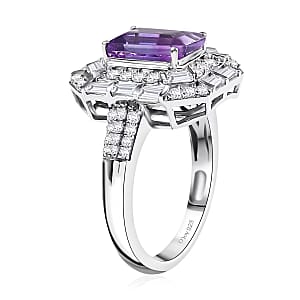 D'Joy Premium Moroccan Amethyst and Moissanite 3.50 ctw Art Deco Ring in Rhodium Over Sterling Silver (Size 10.0)