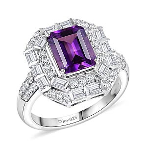 D'Joy Premium Moroccan Amethyst and Moissanite 3.50 ctw Art Deco Ring in Rhodium Over Sterling Silver (Size 8.0)