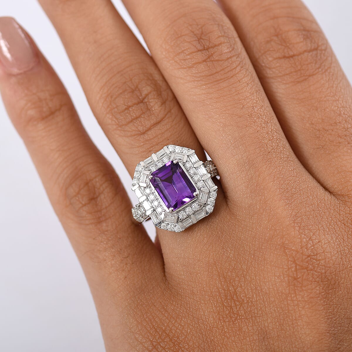 D'Joy Premium Moroccan Amethyst and Moissanite 3.50 ctw Art Deco Ring in Rhodium Over Sterling Silver (Size 9.0) image number 2