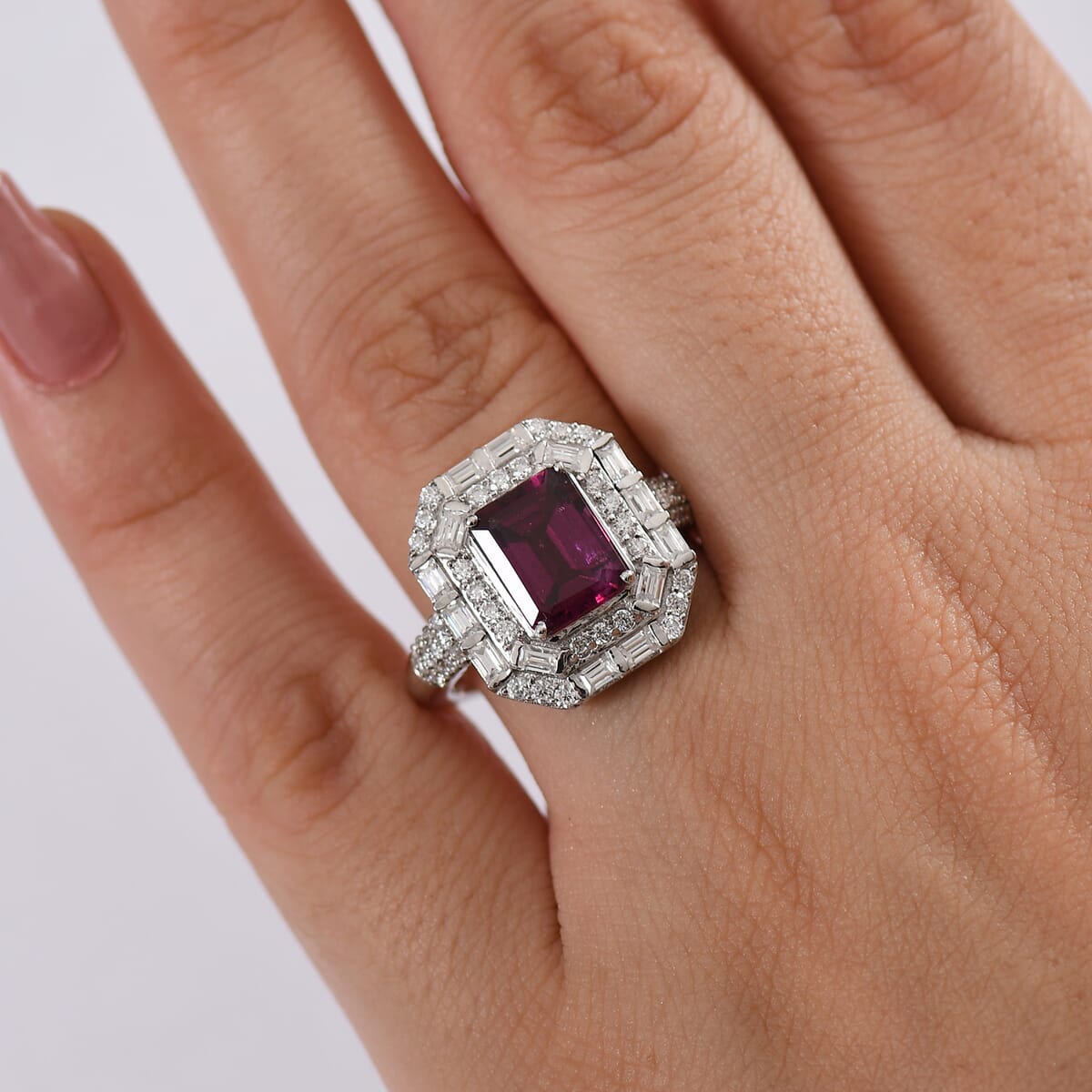 D'Joy Orissa Rhodolite Garnet and Moissanite 3.60 ctw Ring in Rhodium Over Sterling Silver (Size 6.0) image number 2