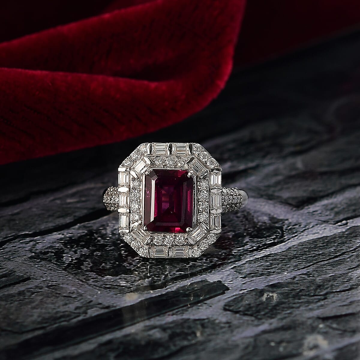 D'Joy Orissa Rhodolite Garnet and Moissanite 3.60 ctw Art Deco Ring in Rhodium Over Sterling Silver (Size 9.0) image number 1