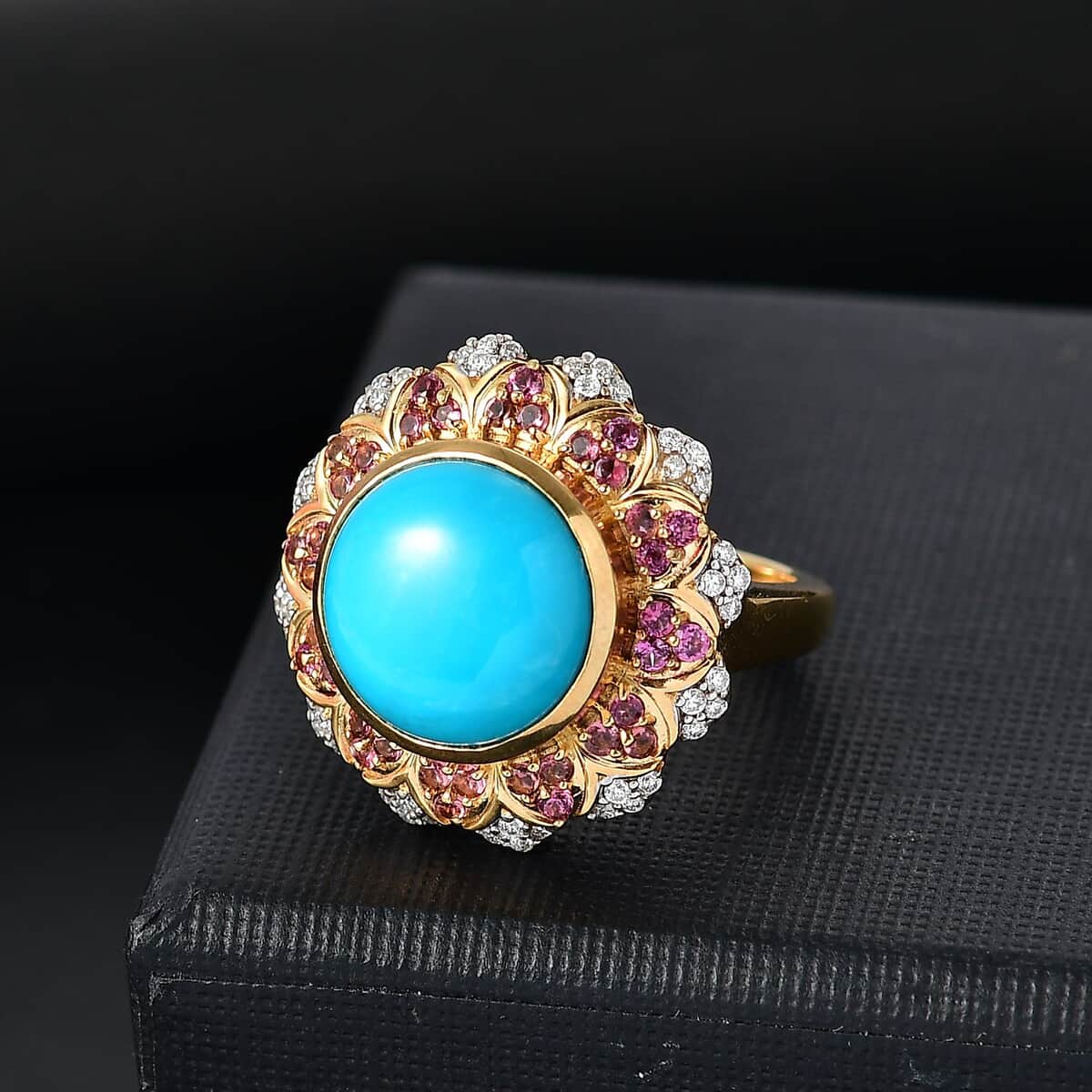 Sleeping Beauty Turquoise and Multi Gemstone 6.30 ctw Floral Ring in 18K Vermeil Yellow Gold Over Sterling Silver (Size 10.0) image number 1