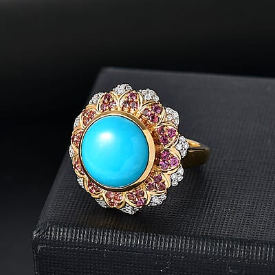 D'Joy Sleeping Beauty Turquoise, Multi Gemstone Floral Ring in 18K Vermeil YG Over Sterling Silver 6.30 ctw (Size 10.0)