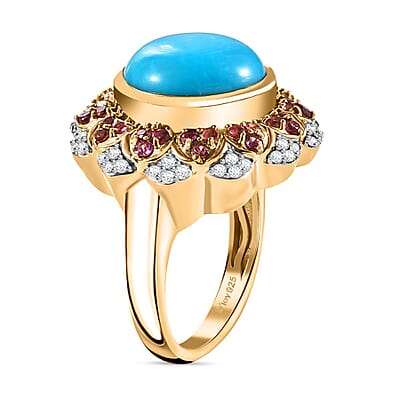 D'Joy Sleeping Beauty Turquoise, Multi Gemstone Floral Ring in 18K Vermeil YG Over Sterling Silver 6.30 ctw (Size 10.0)