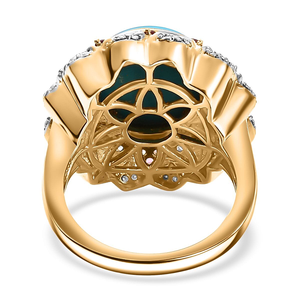 D'Joy Sleeping Beauty Turquoise, Multi Gemstone Floral Ring in 18K Vermeil YG Over Sterling Silver 6.30 ctw (Size 10.0)
