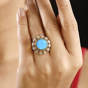 D'Joy Sleeping Beauty Turquoise, Multi Gemstone Floral Ring in 18K Vermeil YG Over Sterling Silver 6.30 ctw (Size 7.0)