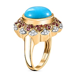 D'Joy Sleeping Beauty Turquoise, Multi Gemstone Floral Ring in 18K Vermeil YG Over Sterling Silver 6.30 ctw (Size 7.0)