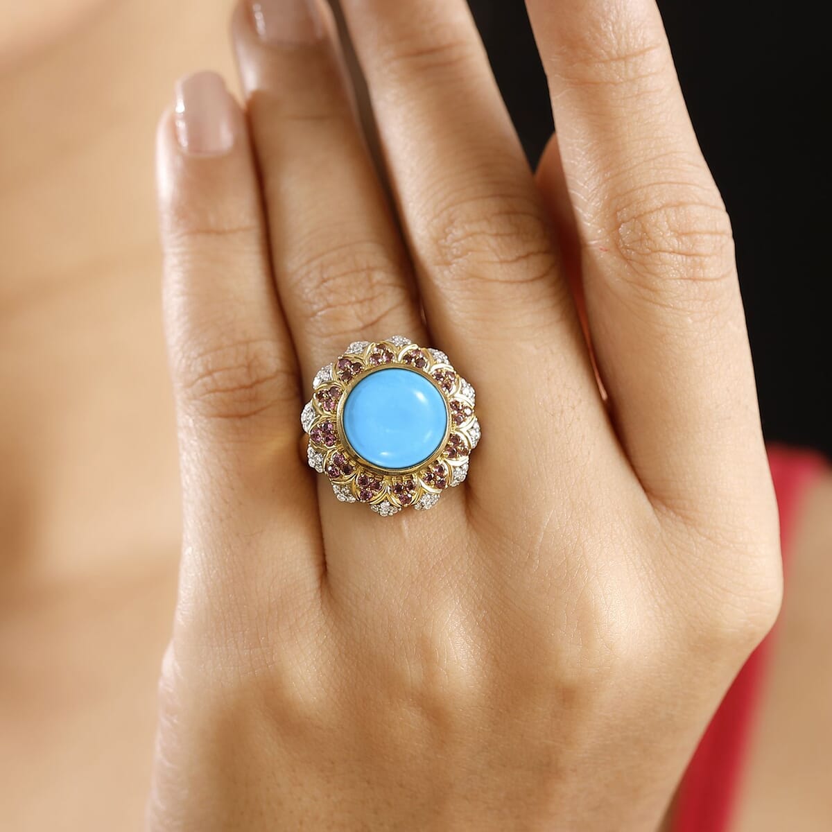 Sleeping Beauty Turquoise and Multi Gemstone 6.30 ctw Floral Ring in 18K Vermeil Yellow Gold Over Sterling Silver (Size 8.0) image number 2