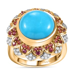 Sleeping Beauty Turquoise and Multi Gemstone 6.30 ctw Floral Ring in 18K Vermeil Yellow Gold Over Sterling Silver (Size 9.0)