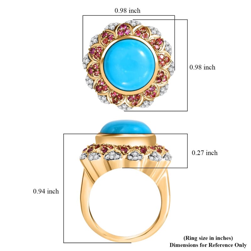 D'Joy Sleeping Beauty Turquoise, Multi Gemstone Floral Ring in 18K Vermeil YG Over Sterling Silver 6.30 ctw (Size 9.0)