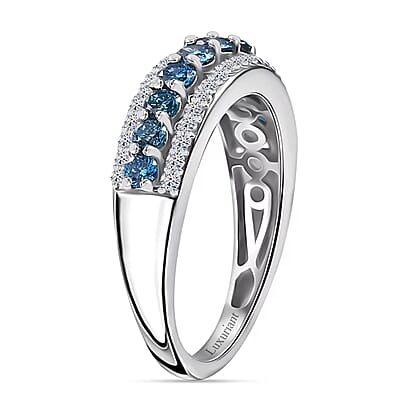 Luxuriant Lab Grown Blue and White Diamond SI 1.00 ctw Ring in Rhodium Over Sterling Silver (Size 10.0)