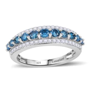 Luxuriant Lab Grown Blue and White Diamond SI 1.00 ctw Ring in Rhodium Over Sterling Silver (Size 7.0)