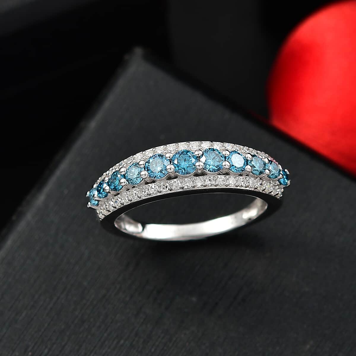 Luxuriant Lab Grown Blue and White Diamond SI 1.00 ctw Ring in Rhodium Over Sterling Silver (Size 7.0) image number 1