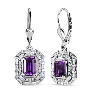 D'Joy Premium Moroccan Amethyst and Moissanite 2.90 ctw Art Deco Earrings in Rhodium Over Sterling Silver