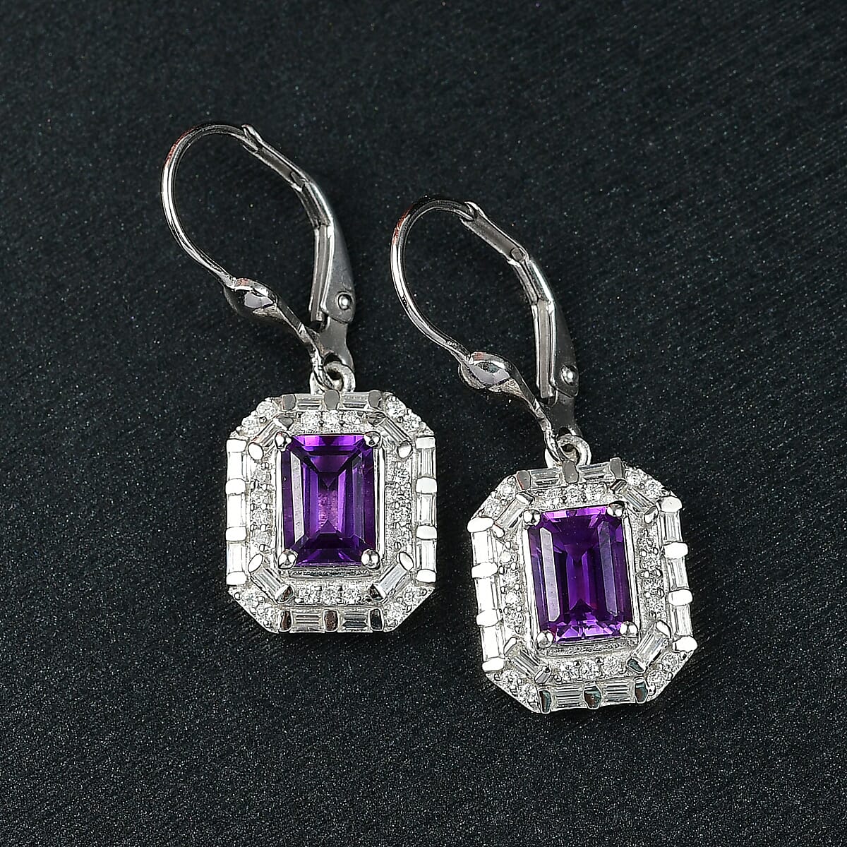 D'Joy Premium Moroccan Amethyst and Moissanite 2.90 ctw Art Deco Earrings in Rhodium Over Sterling Silver image number 1