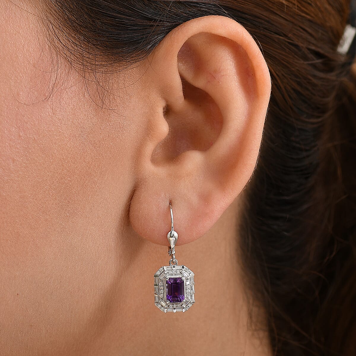 D'Joy Premium Moroccan Amethyst and Moissanite 2.90 ctw Art Deco Earrings in Rhodium Over Sterling Silver image number 2