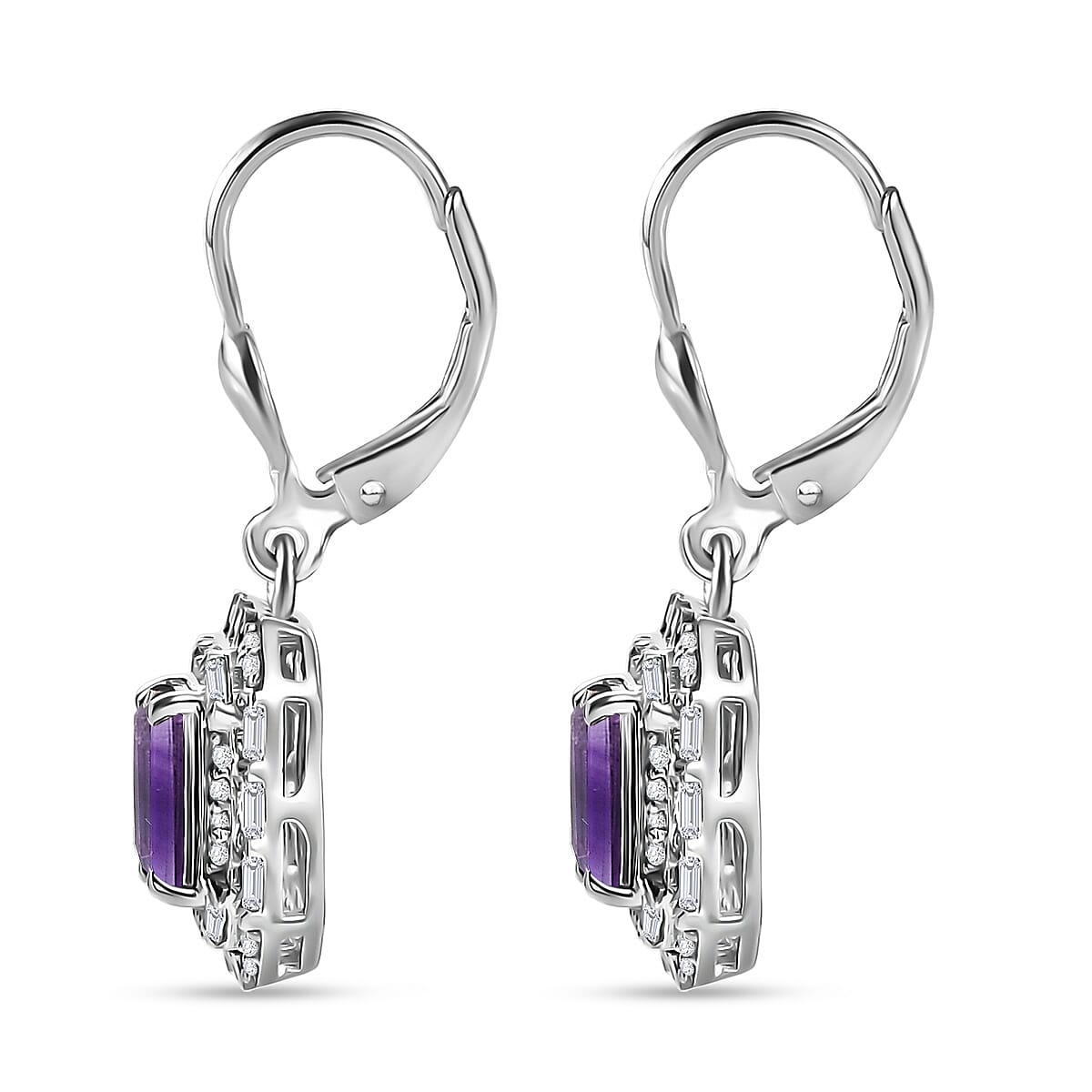 D'Joy Premium Moroccan Amethyst and Moissanite 2.90 ctw Art Deco Earrings in Rhodium Over Sterling Silver image number 3