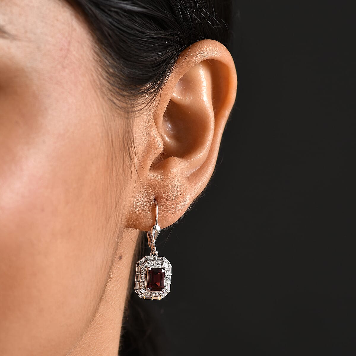 D'Joy Orissa Rhodolite Garnet and Moissanite 3.50 ctw Art Deco Earrings in Rhodium Over Sterling Silver image number 2