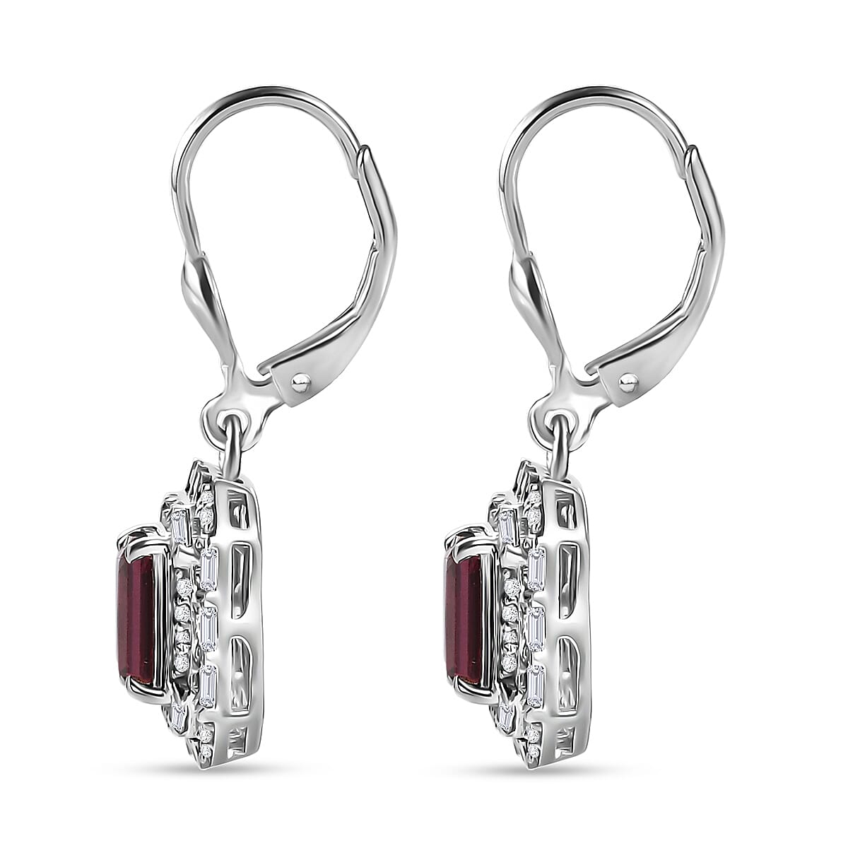 D'Joy Orissa Rhodolite Garnet and Moissanite 3.50 ctw Art Deco Earrings in Rhodium Over Sterling Silver image number 3